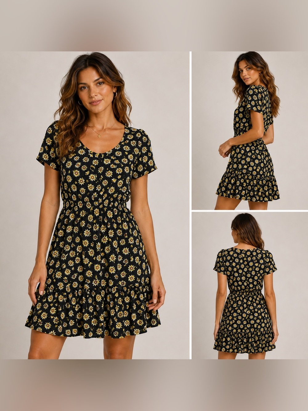 Passport Women’s Large Navy Daisy Floral Midi Dress Short Sleeve Tiered Ruffle